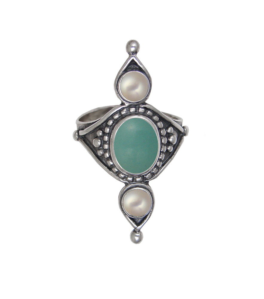 Sterling Silver Royal Ring With Aventurine And Cultured Freshwater Pearl Size 10